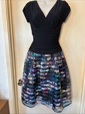 SL Fashions Black Top with Multicolor Floral-Striped Midi Skirt size 8